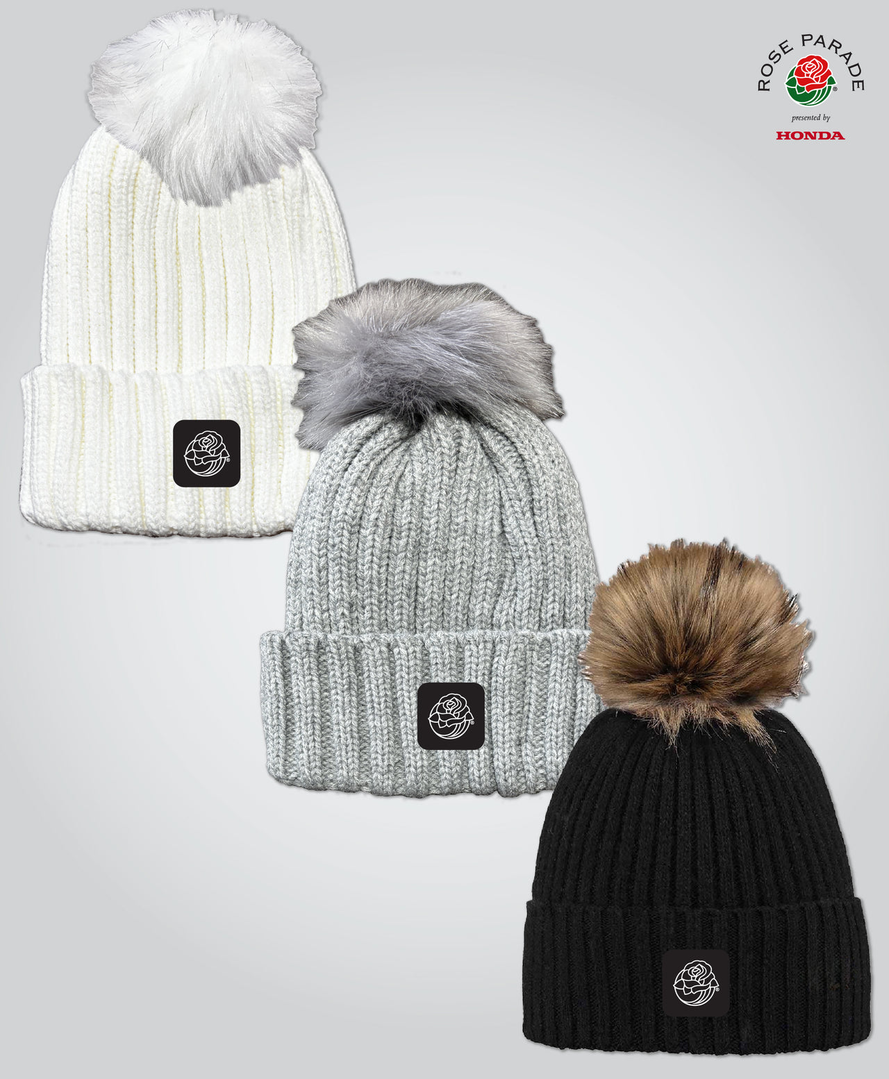 Pom Pom Beanie, Fleece Lined, Rose Icon