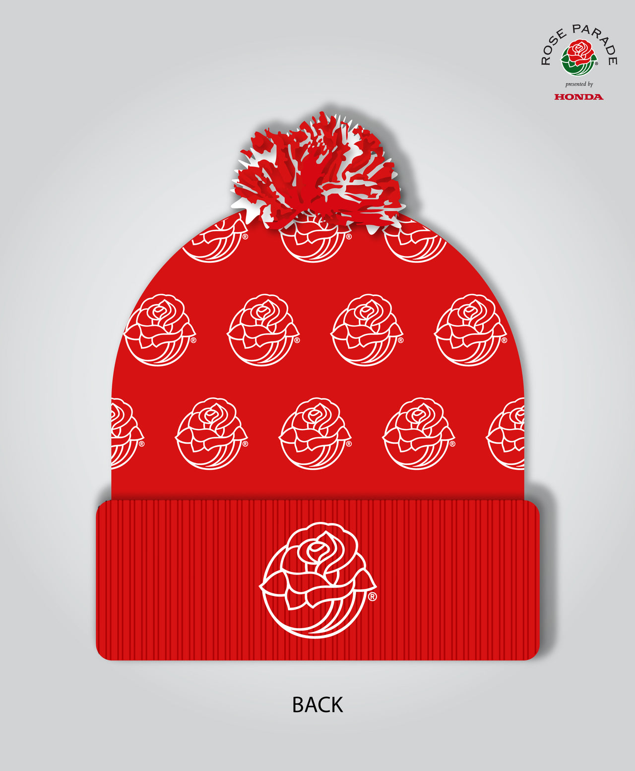 Pom Pom Beanie, Rose Icon + Welcome Theme, Red/White