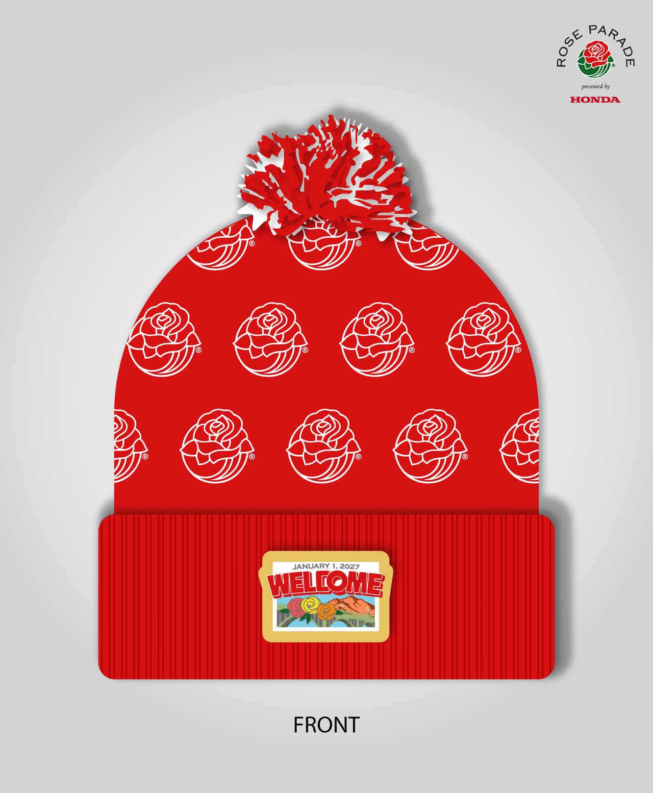 Pom Pom Beanie, Rose Icon + Welcome Theme, Red/White